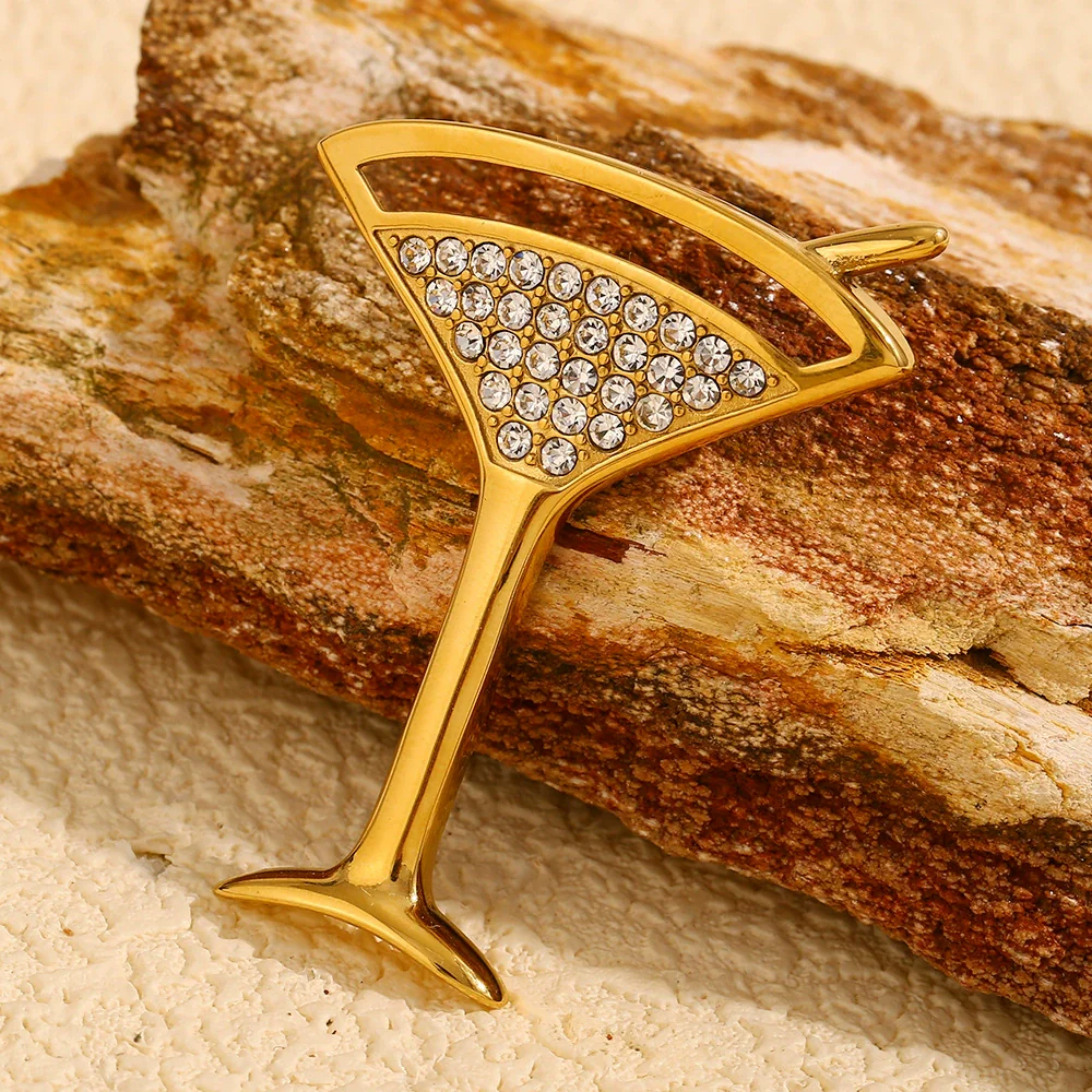 Wholesale Women's Simple Full Diamond Geometric Wine Glass Brooch Stainless Steel 18K Gold Plated
