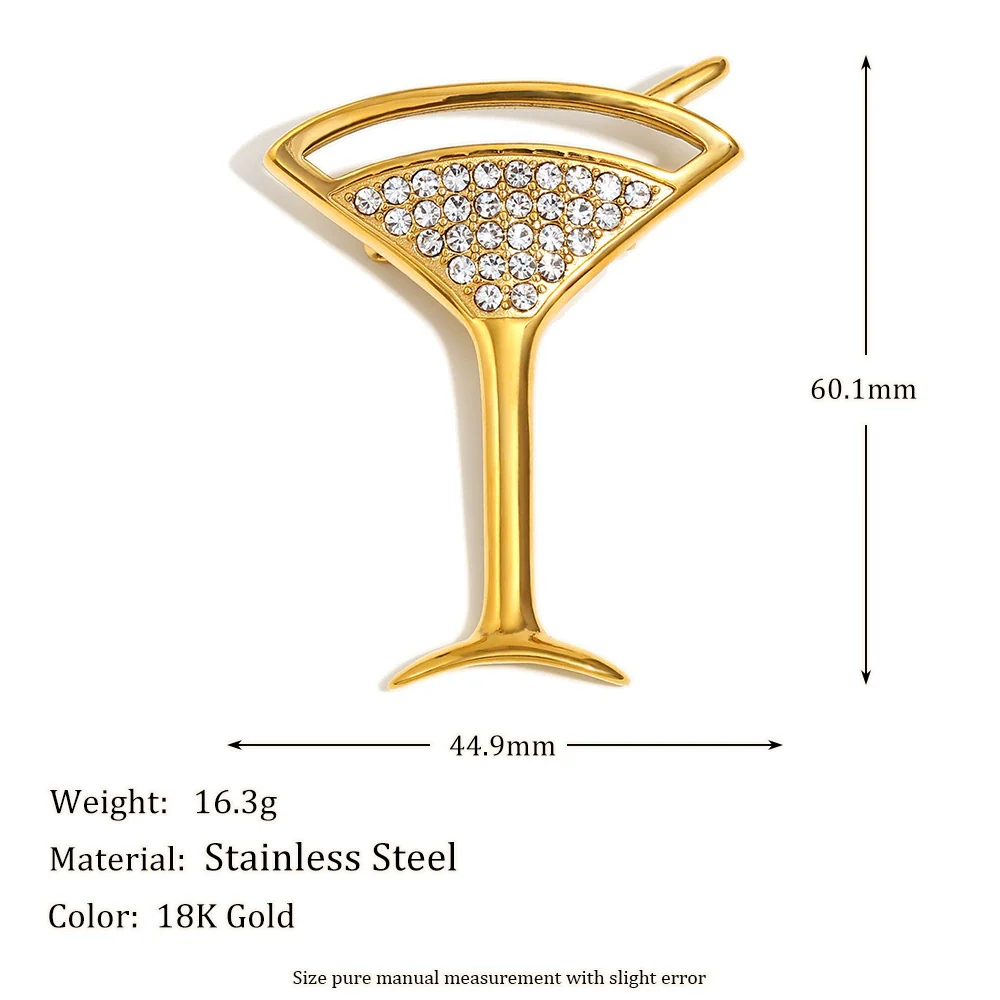 Wholesale Women's Simple Full Diamond Geometric Wine Glass Brooch Stainless Steel 18K Gold Plated - Image 2