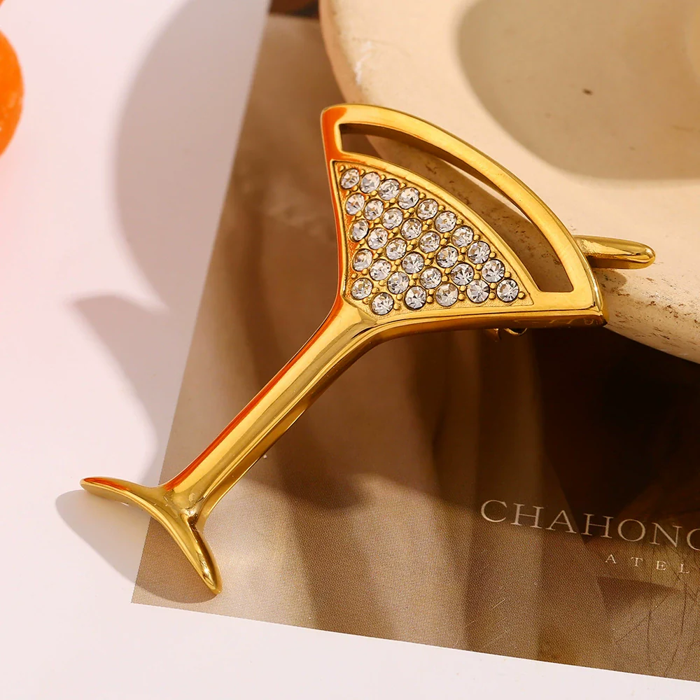 Wholesale Women's Simple Full Diamond Geometric Wine Glass Brooch Stainless Steel 18K Gold Plated - Image 3