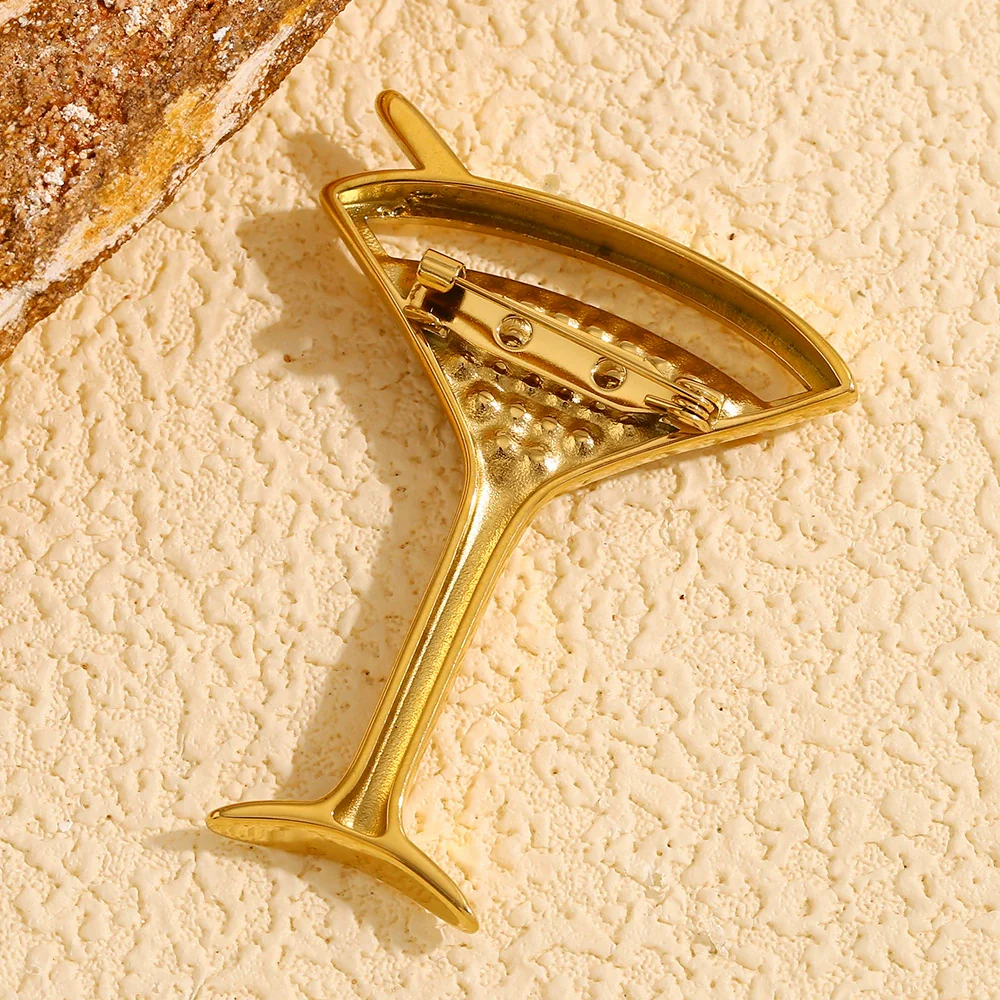 Wholesale Women's Simple Full Diamond Geometric Wine Glass Brooch Stainless Steel 18K Gold Plated - Image 4