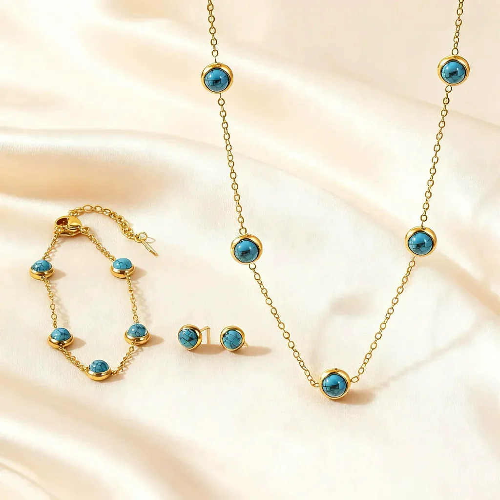 Wholesale Women's Simple Geometric Electroplated Blue Turquoise Stainless Steel Necklace Bracelet Earrings Set