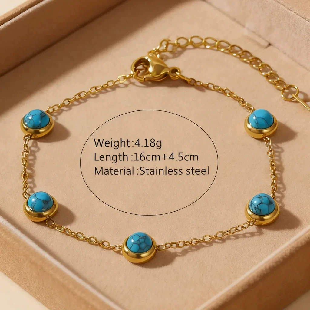 Wholesale Women's Simple Geometric Electroplated Blue Turquoise Stainless Steel Necklace Bracelet Earrings Set - Image 2