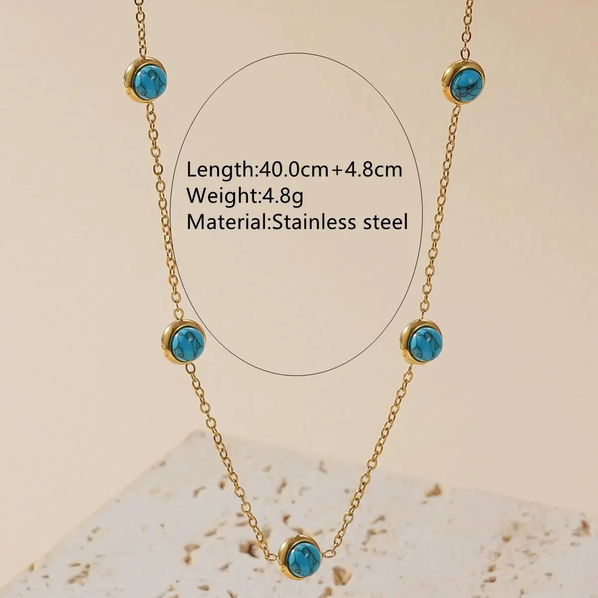 Wholesale Women's Simple Geometric Electroplated Blue Turquoise Stainless Steel Necklace Bracelet Earrings Set - Image 3