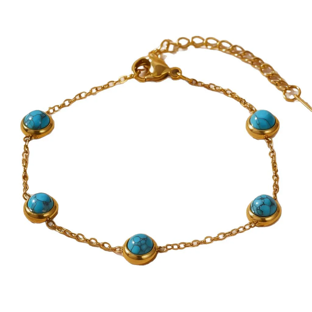 Wholesale Women's Simple Geometric Electroplated Blue Turquoise Stainless Steel Necklace Bracelet Earrings Set - Image 5