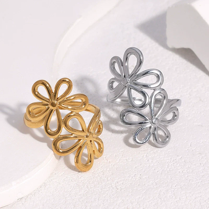 Wholesale Women's Simple Geometric Flower Electroplated Stainless Steel Open Rings Jewelry