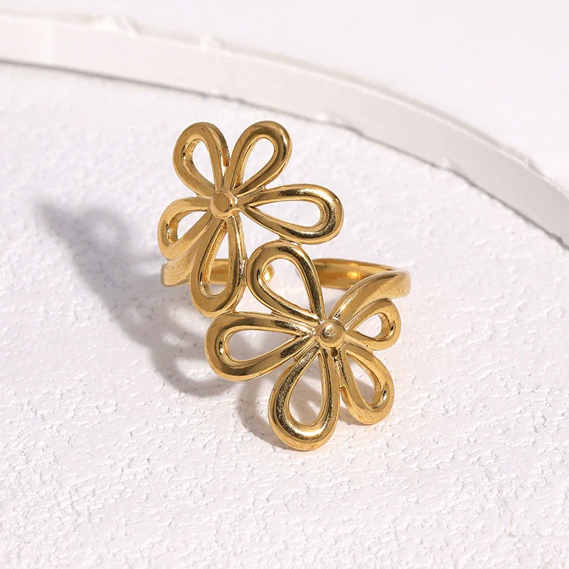 Wholesale Women's Simple Geometric Flower Electroplated Stainless Steel Open Rings Jewelry - Image 4