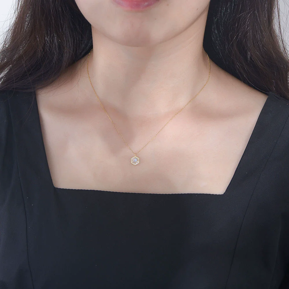 Wholesale Women's Simple Geometric Hexagon Natural Moonstone Silver Pendant Necklace Set With Precious Stones On Cross Chain - Image 4