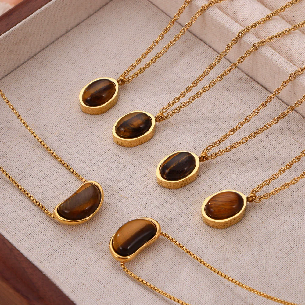 Wholesale Women's Simple Geometric Inlaid Tiger Eye Stone Goldplated Titanium Steel Pendant Necklace