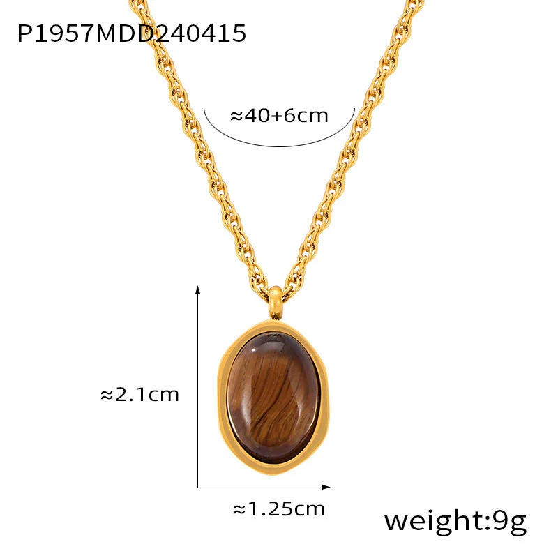 Wholesale Women's Simple Geometric Inlaid Tiger Eye Stone Goldplated Titanium Steel Pendant Necklace - Image 10