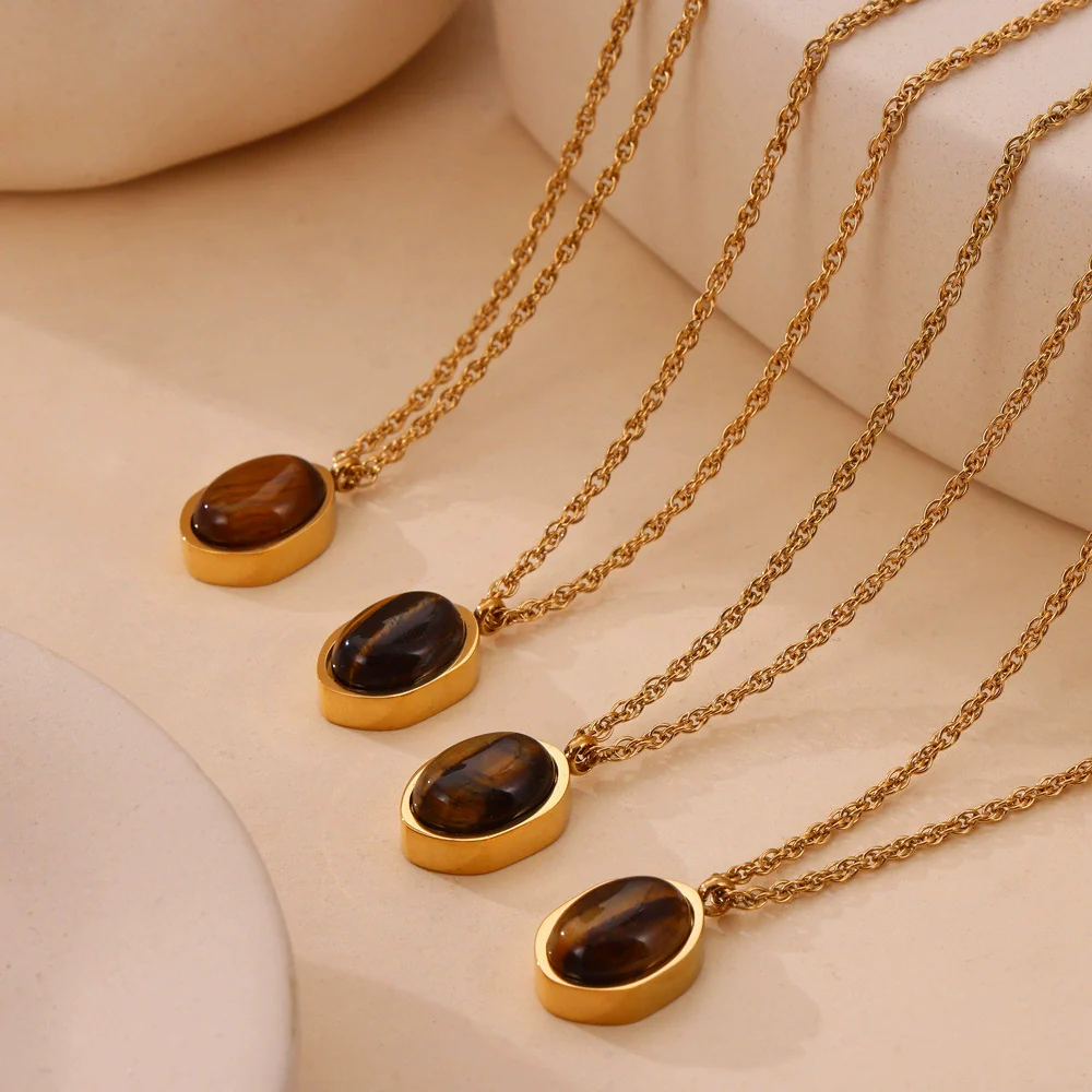 Wholesale Women's Simple Geometric Inlaid Tiger Eye Stone Goldplated Titanium Steel Pendant Necklace - Image 3