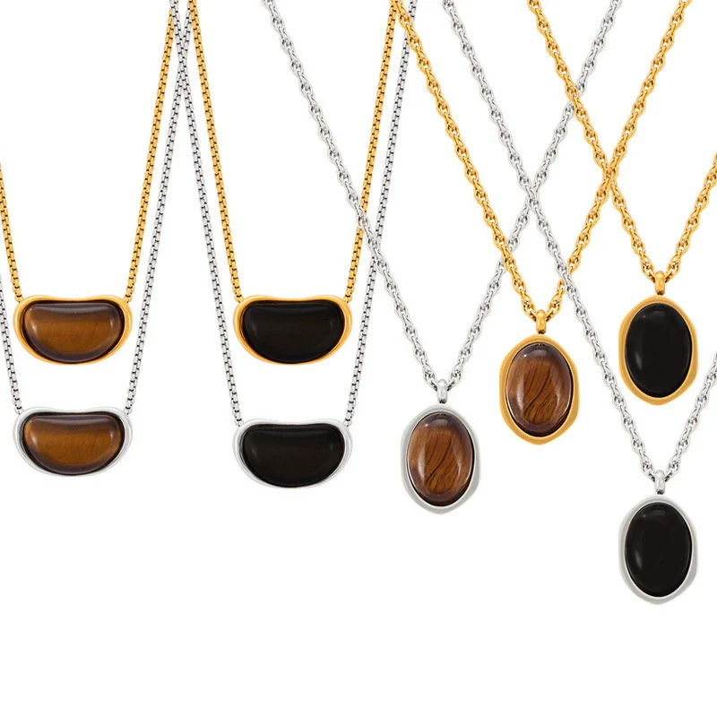 Wholesale Women's Simple Geometric Inlaid Tiger Eye Stone Goldplated Titanium Steel Pendant Necklace - Image 5