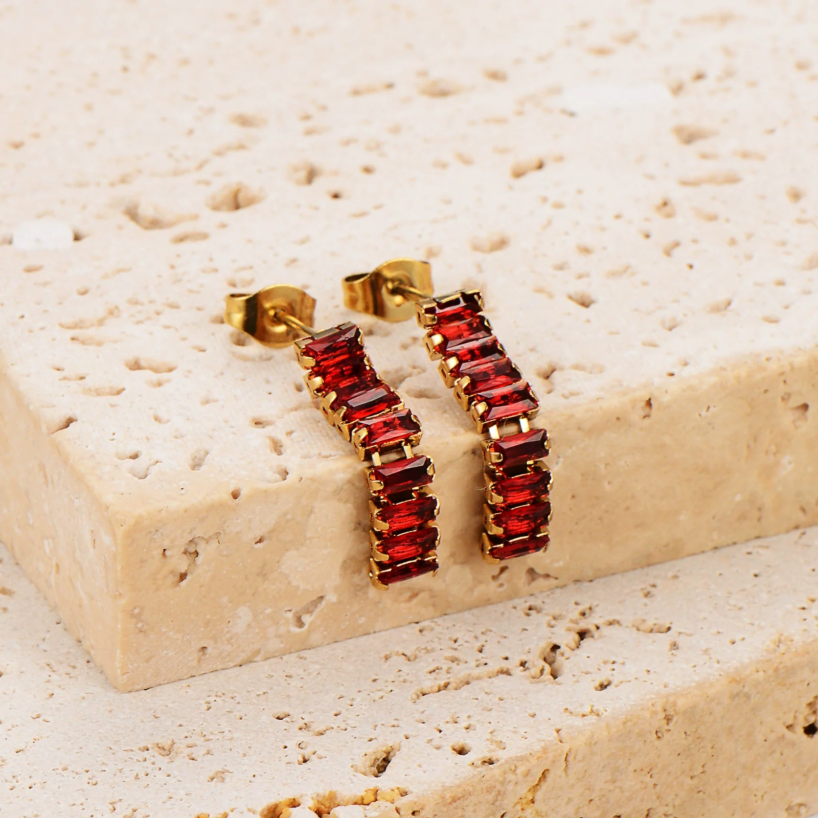 Wholesale Women's Simple Geometric Square Long Zircon Stainless Steel Electroplated Stud Earrings - Image 4