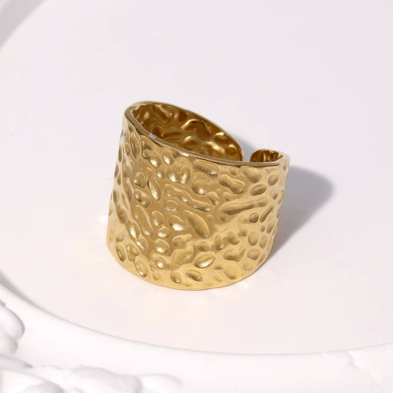 Wholesale Women's Simple Geometric Stainless Steel Hammered 18K Goldplated Open Ring Hand Jewelry - Image 4
