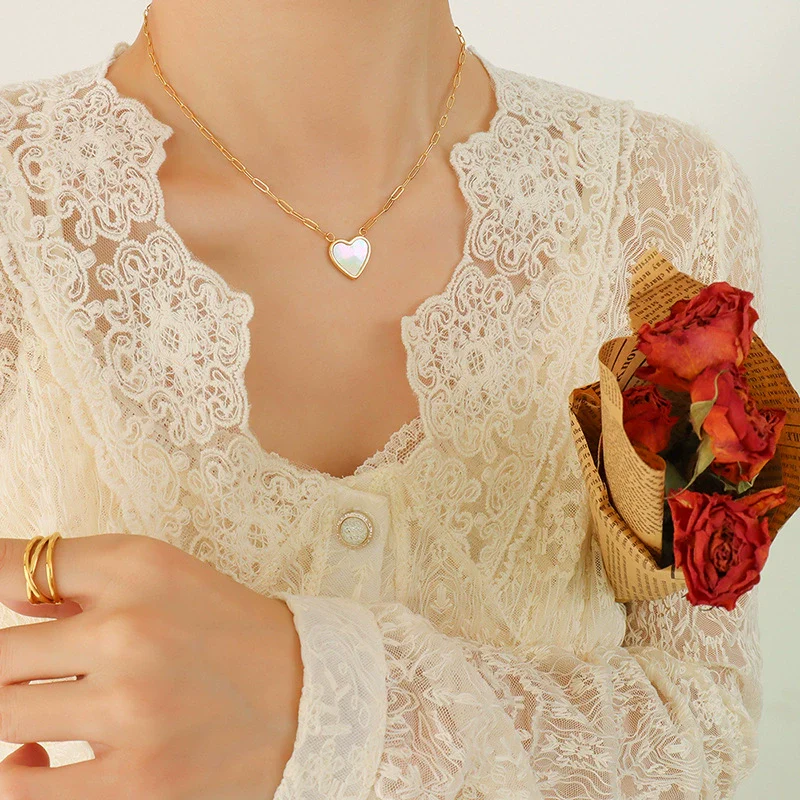 Wholesale Women's Simple Heart White Seashell Pendant Titanium Steel 18K Gold Plated Cross Chain Necklace - Image 2