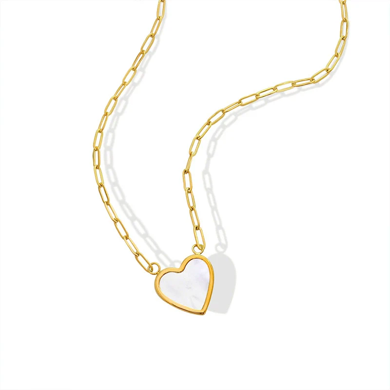 Wholesale Women's Simple Heart White Seashell Pendant Titanium Steel 18K Gold Plated Cross Chain Necklace - Image 3