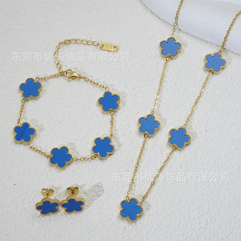 Wholesale Women's Simple Plants And Flowers Style Fiveflower Threepiece Set Necklace Earrings Bracelets 18K Titanium Steel Electroplated O Word Chain - Image 10