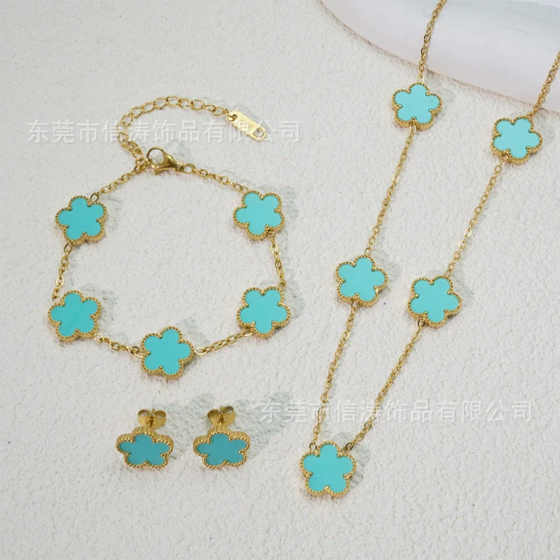 Wholesale Women's Simple Plants And Flowers Style Fiveflower Threepiece Set Necklace Earrings Bracelets 18K Titanium Steel Electroplated O Word Chain - Image 12