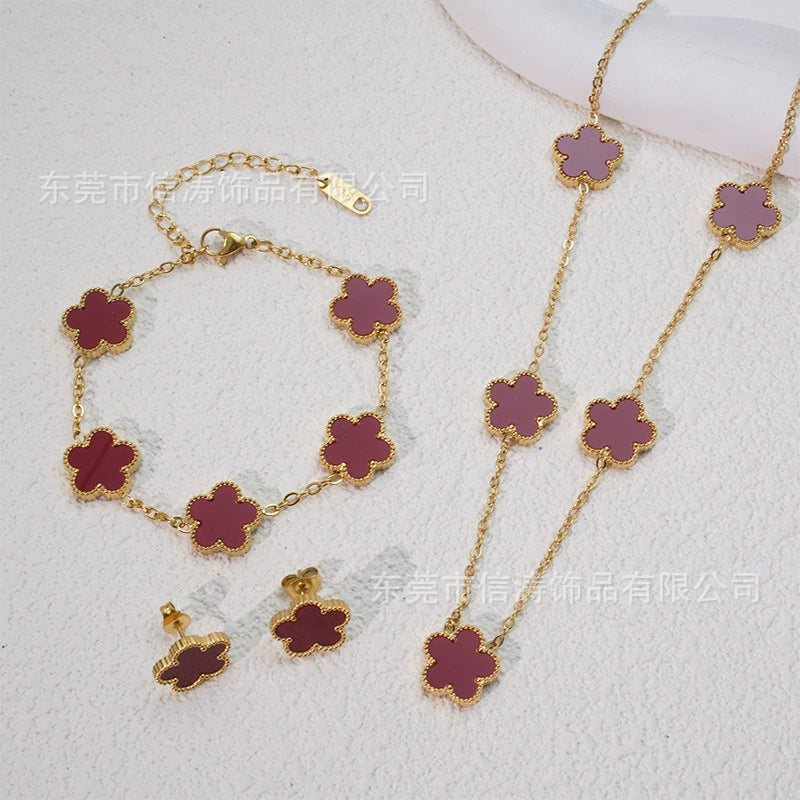 Wholesale Women's Simple Plants And Flowers Style Fiveflower Threepiece Set Necklace Earrings Bracelets 18K Titanium Steel Electroplated O Word Chain - Image 13