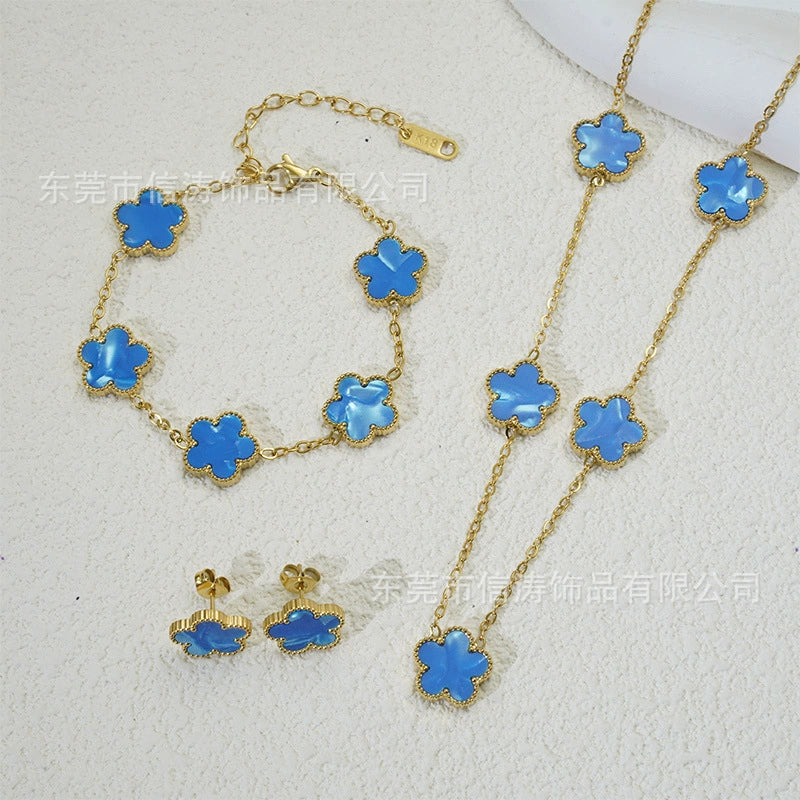 Wholesale Women's Simple Plants And Flowers Style Fiveflower Threepiece Set Necklace Earrings Bracelets 18K Titanium Steel Electroplated O Word Chain - Image 18