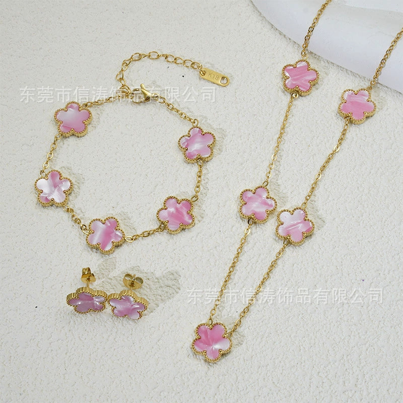 Wholesale Women's Simple Plants And Flowers Style Fiveflower Threepiece Set Necklace Earrings Bracelets 18K Titanium Steel Electroplated O Word Chain - Image 19