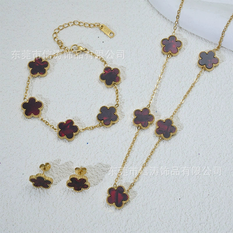 Wholesale Women's Simple Plants And Flowers Style Fiveflower Threepiece Set Necklace Earrings Bracelets 18K Titanium Steel Electroplated O Word Chain - Image 20
