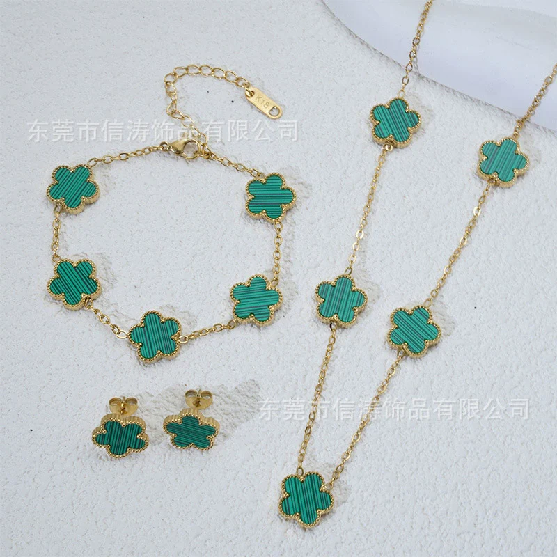 Wholesale Women's Simple Plants And Flowers Style Fiveflower Threepiece Set Necklace Earrings Bracelets 18K Titanium Steel Electroplated O Word Chain - Image 9