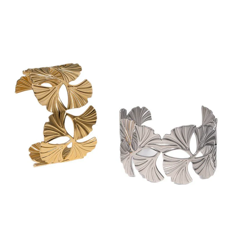 Wholesale Women's Simple Plants Flowers Style 18K Gold Electroplated Stainless Steel Adjustable Open Hydraulic Bracelet - Image 5