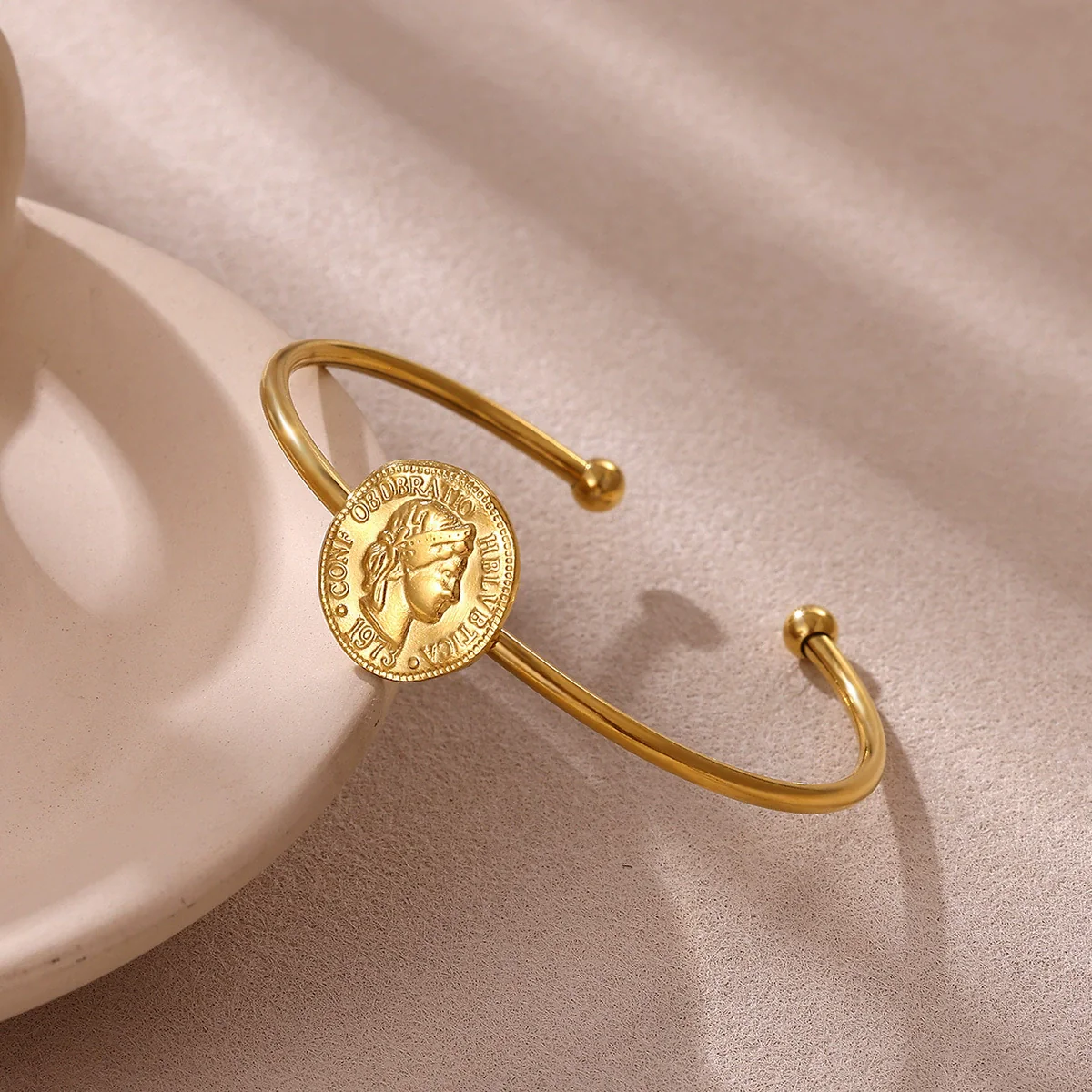 Wholesale Women's Simple Portrait Stainless Steel 18K Gold Plated Open Bracelet - Image 2