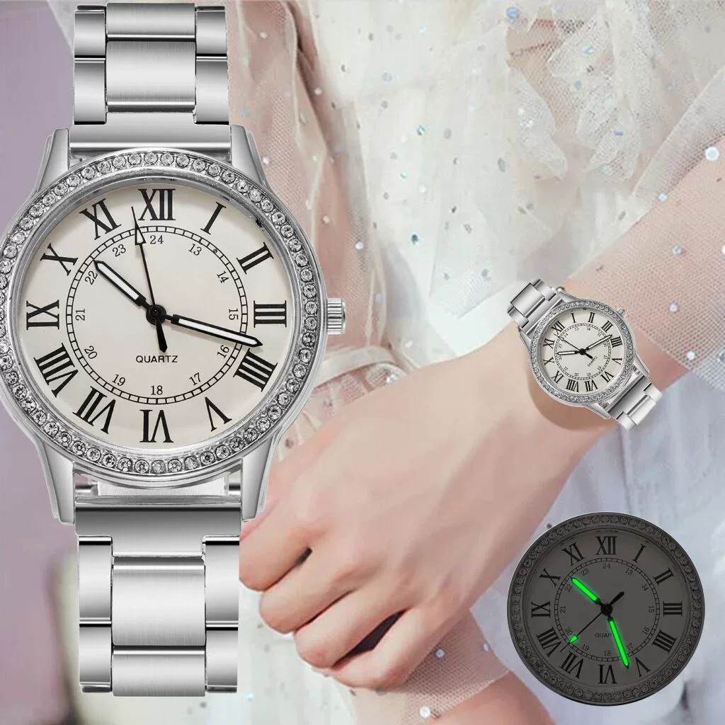 Wholesale Women's Simple Retro Alloy Case Steel Band Quartz Watch With Inlaid Roman Diamond And Luminous Feature