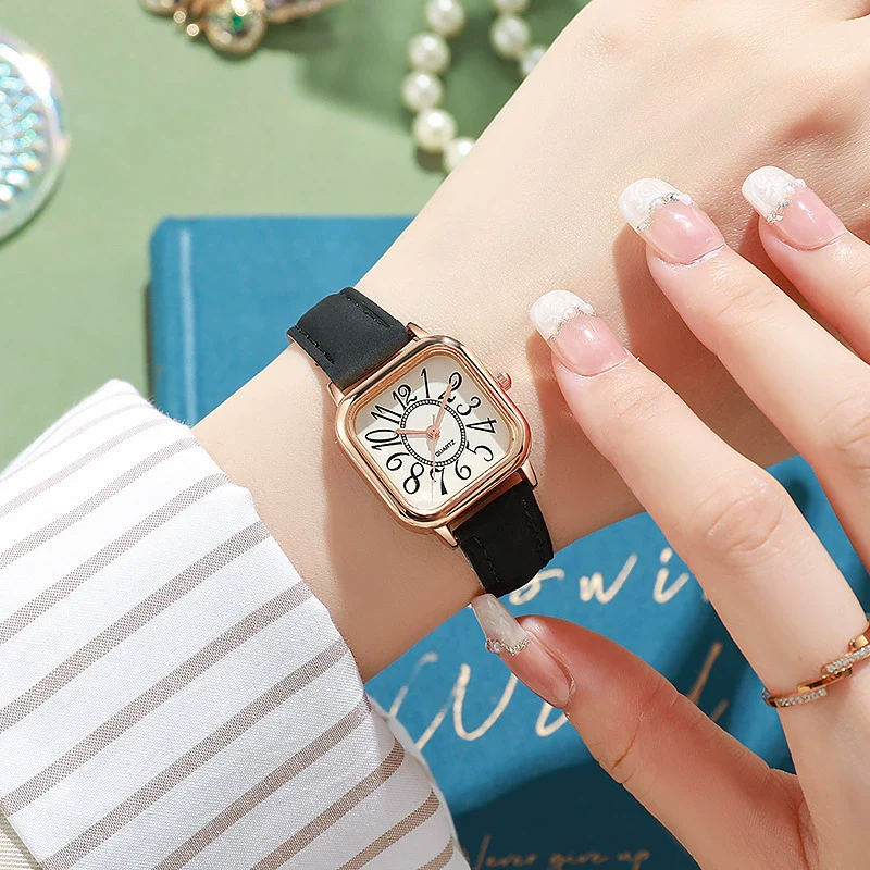 Wholesale Women's Small Fresh Digital Retro Style Alloy Case Stainless Steel Buckle Imitation Leather Strap Square Quartz Electronic Watch - Image 4