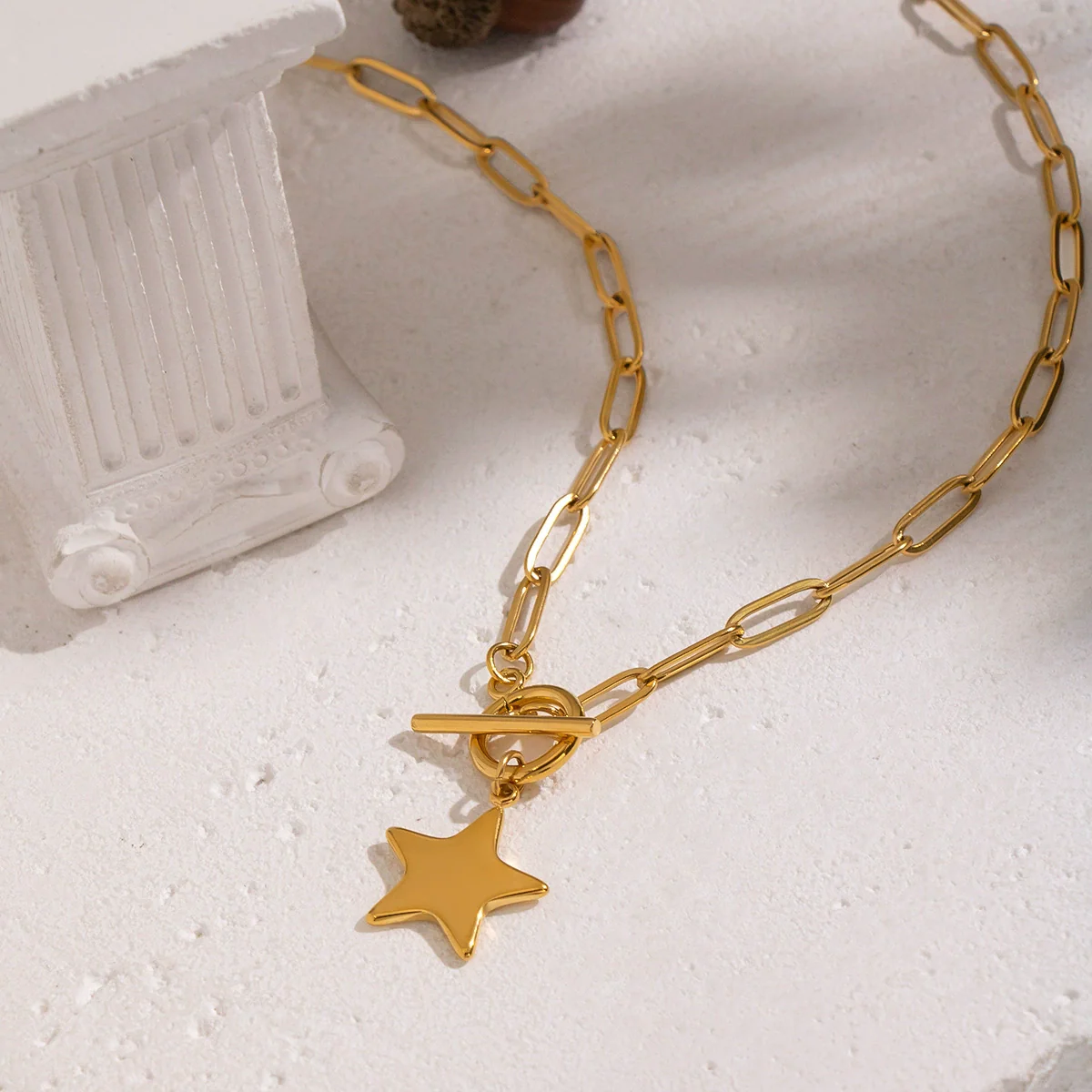 Wholesale Women's Sporty Constellation Fivepointed Star Sweater Chain Necklace With 18K Real Gold Plating And Paper Clip Chain - Image 2