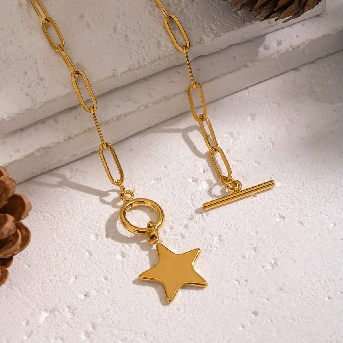 Wholesale Women's Sporty Constellation Fivepointed Star Sweater Chain Necklace With 18K Real Gold Plating And Paper Clip Chain - Image 4
