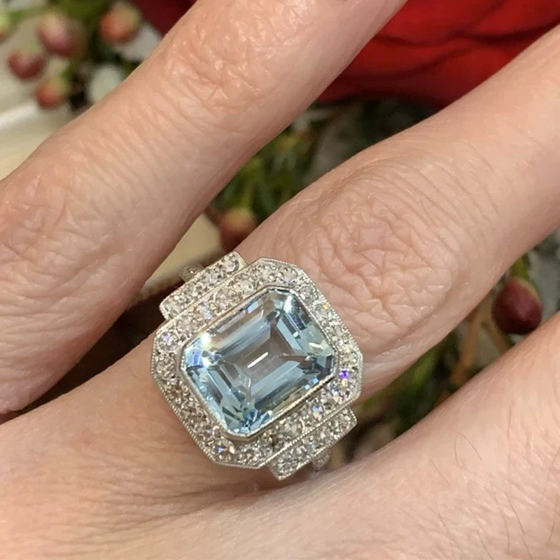 Wholesale Women's Square Aquamarine Zircon Ring Copper Geometric Style - Image 4