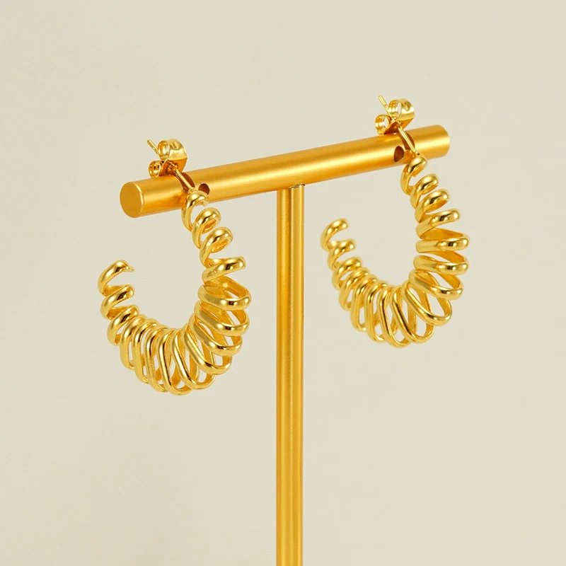 Wholesale Women's 316L Stainless Steel 18K Electroplated Geometric Hollow Spring Ring Earrings - Image 4