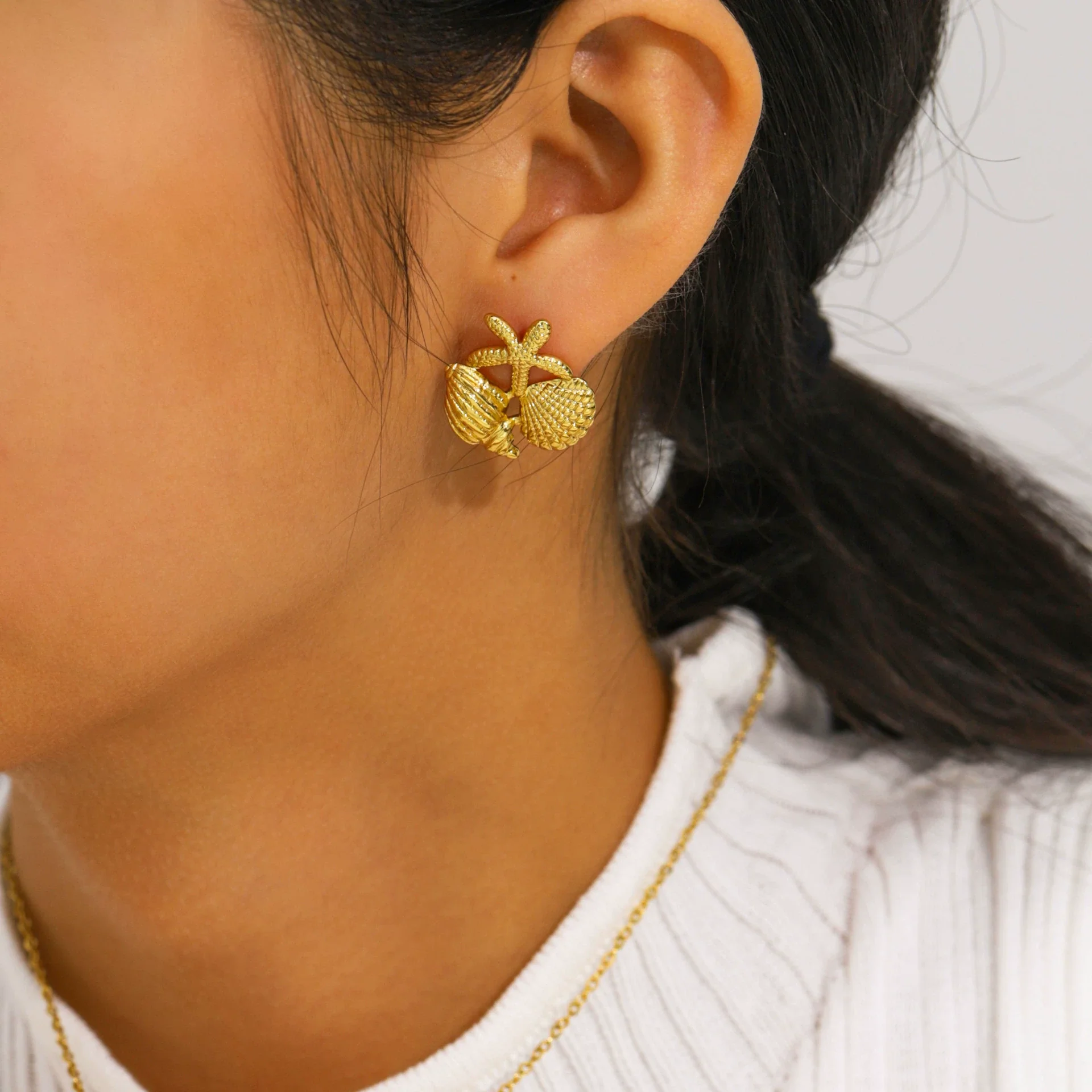 Wholesale Women's Stainless Steel 18K Gold Plated Necklace And Earrings Set With Conch And Geometric Patterns - Image 3