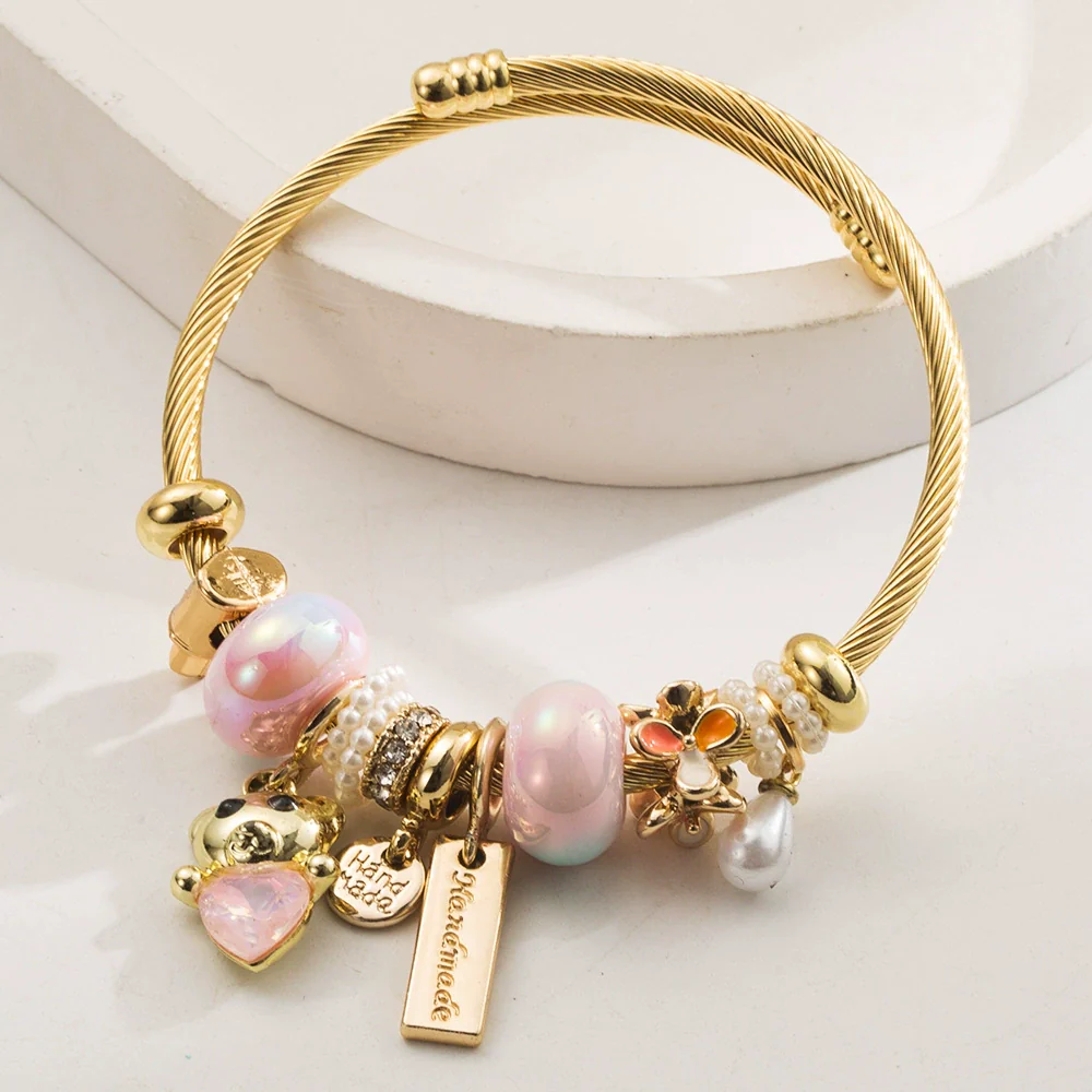 Wholesale Women's Stainless Steel And Alloy Cat And Flower Pattern Diamond Bracelet - Image 6