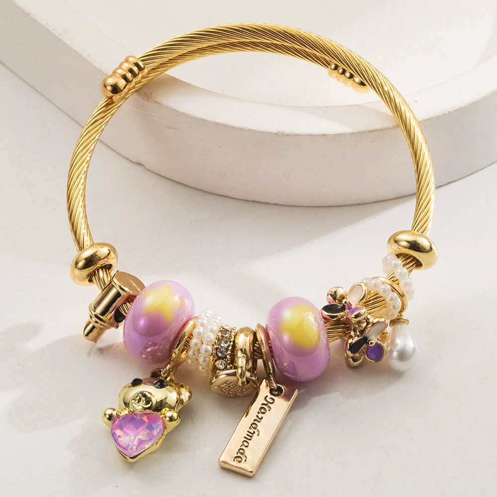 Wholesale Women's Stainless Steel And Alloy Cat And Flower Pattern Diamond Bracelet - Image 7