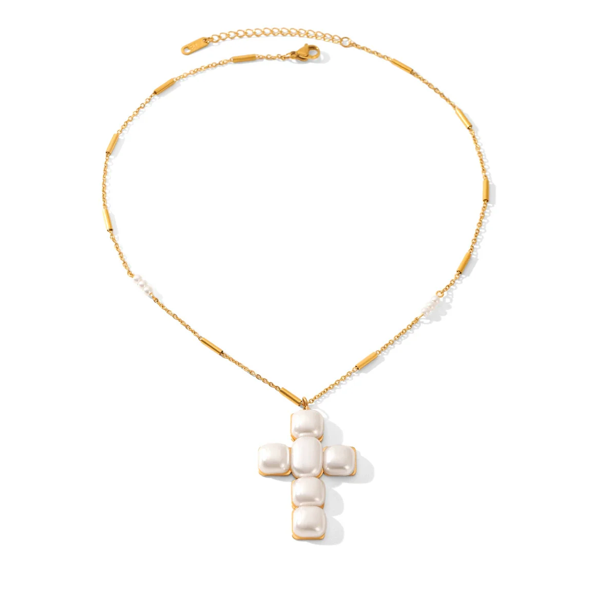 Wholesale Women's Stainless Steel And Artificial Pearl Geometric Cross Necklace Handmade Beaded Chain Inlaid With Pearls - Image 5