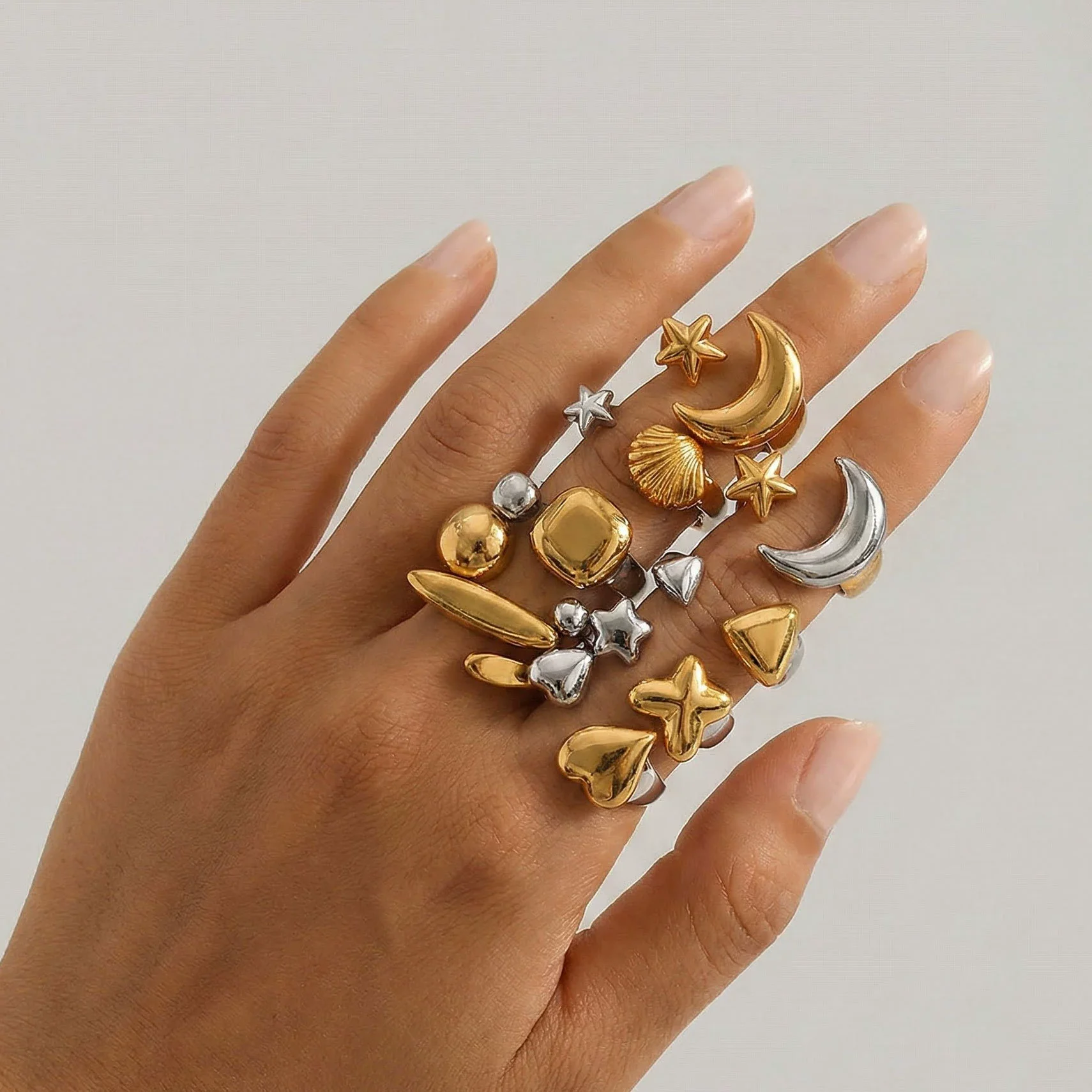 Wholesale Women's Stainless Steel Casting Electroplated Open Ring Set With Geometric And Flower Patterns