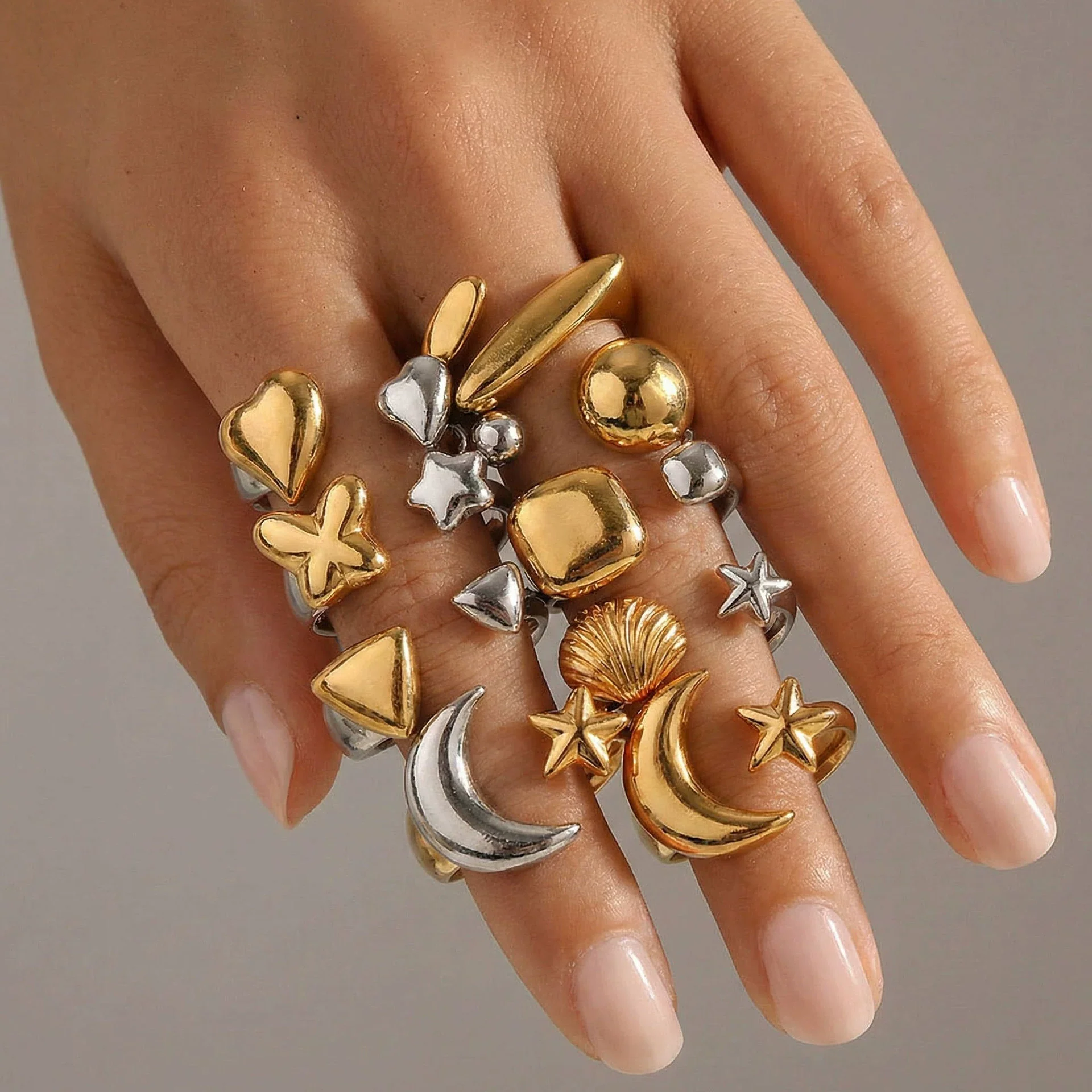 Wholesale Women's Stainless Steel Casting Electroplated Open Ring Set With Geometric And Flower Patterns - Image 2