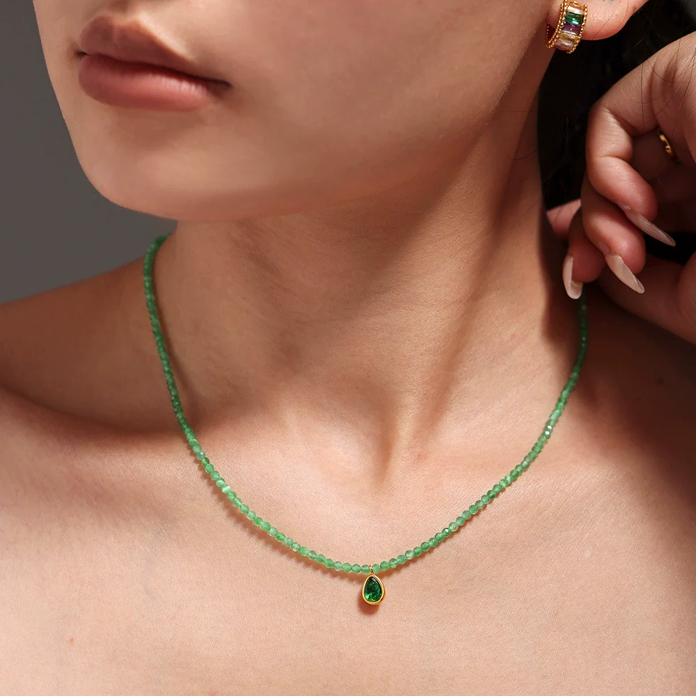 Wholesale Women's Stainless Steel Cat's Eye Stone Geometric Drop Shape Electroplated Pendant Clavicle Necklace - Image 2