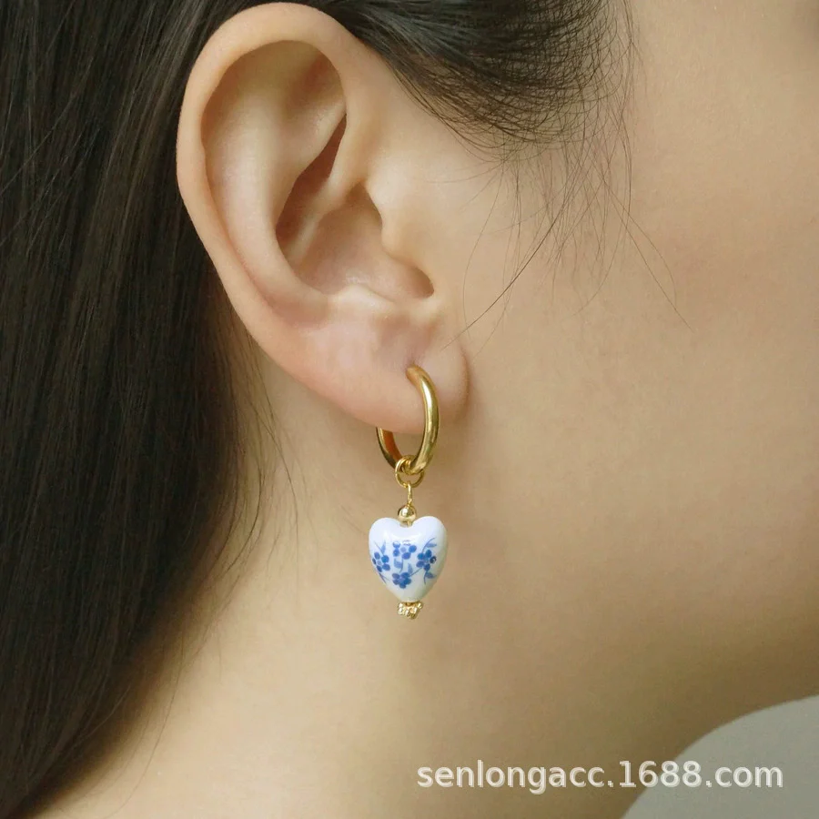 Wholesale Women's Stainless Steel Ceramic Earrings With Love Strawberry Butterfly And Teapot Patterns Electroplated - Image 2