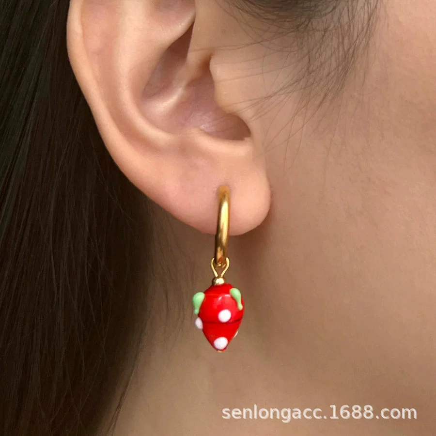 Wholesale Women's Stainless Steel Ceramic Earrings With Love Strawberry Butterfly And Teapot Patterns Electroplated - Image 4