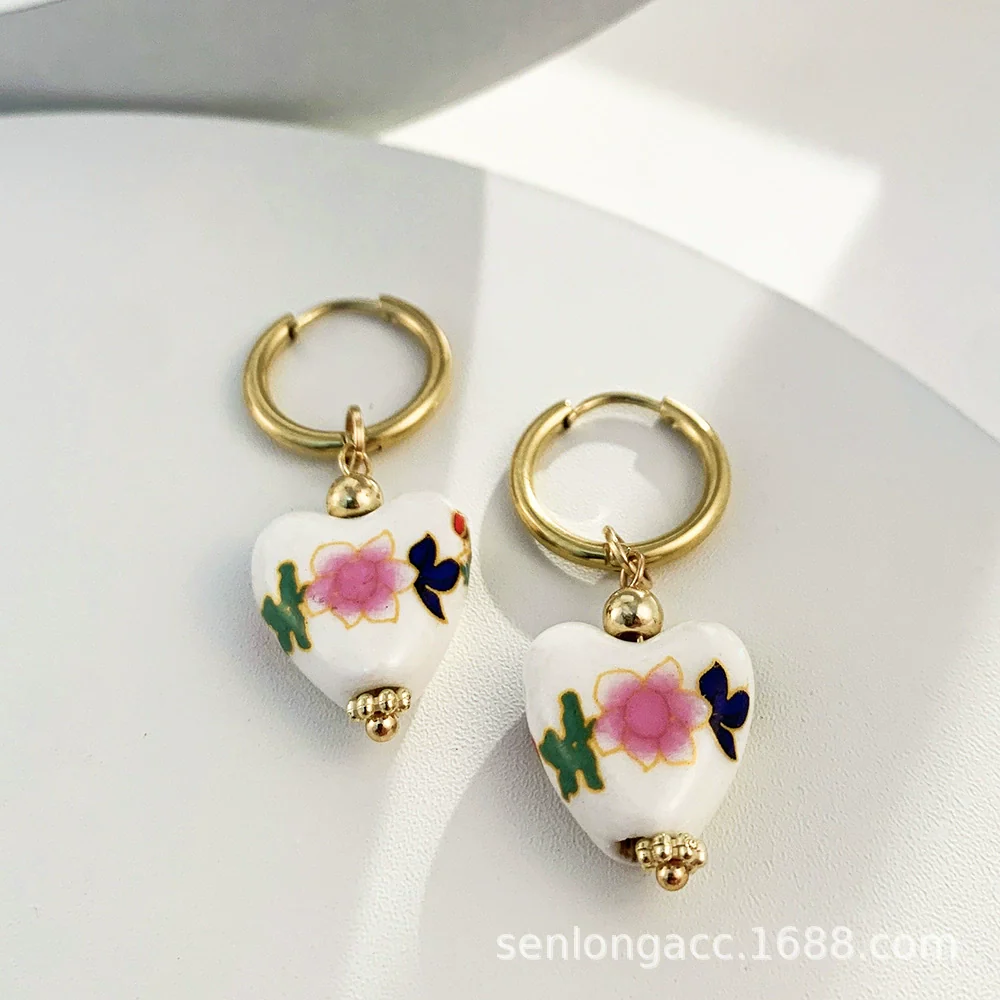 Wholesale Women's Stainless Steel Ceramic Earrings With Love Strawberry Butterfly And Teapot Patterns Electroplated - Image 7