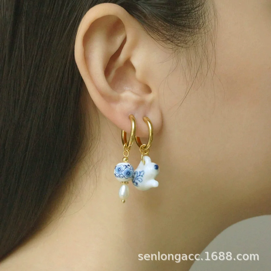 Wholesale Women's Stainless Steel Ceramic Earrings With Love Strawberry Butterfly And Teapot Patterns Electroplated - Image 9