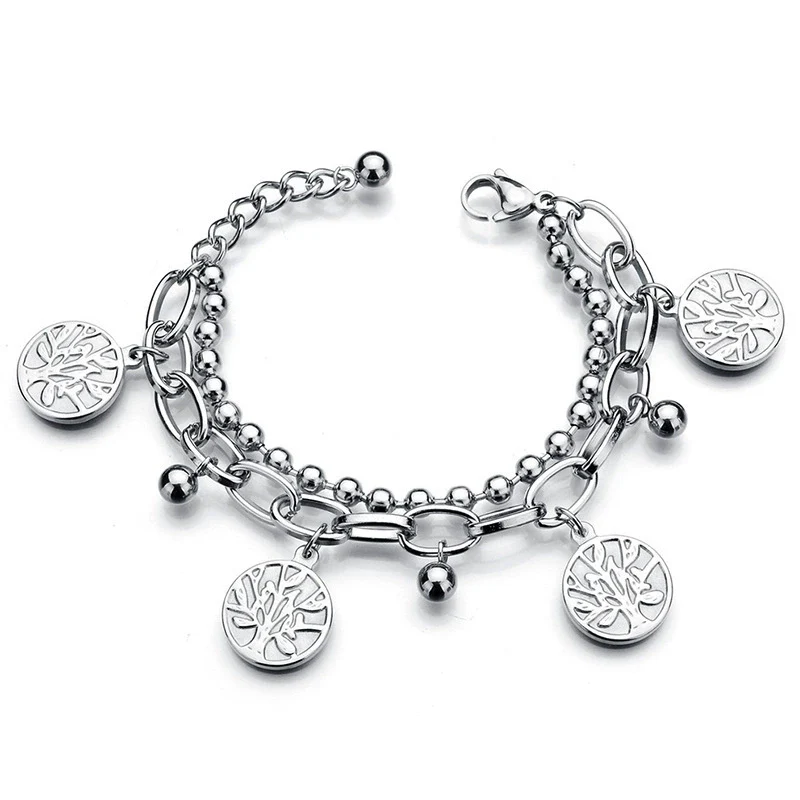 Wholesale Women's Stainless Steel Double Layer Tree Of Life Pendant Bracelet With Geometric Pattern - Image 3