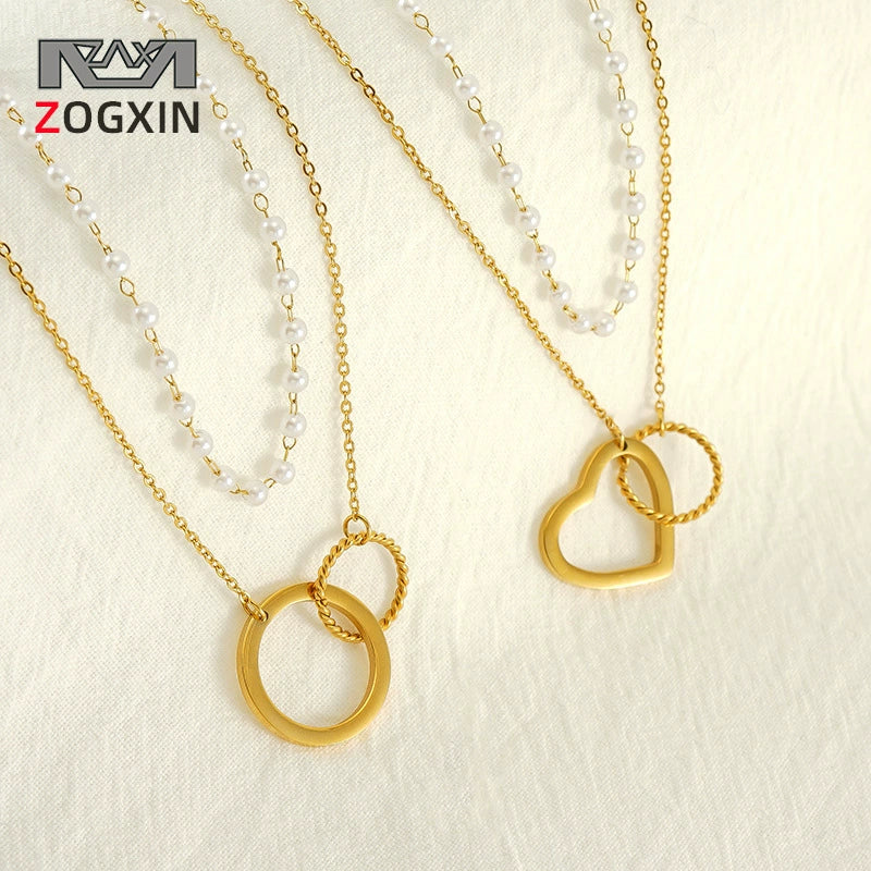 Wholesale Women's 316L Stainless Steel Double Pearl Necklace With Heart And Geometric Pattern Hollow Pendant And Electroplating Treatment