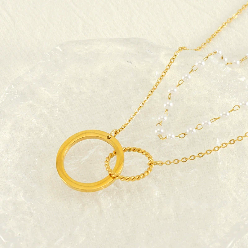 Wholesale Women's 316L Stainless Steel Double Pearl Necklace With Heart And Geometric Pattern Hollow Pendant And Electroplating Treatment - Image 2