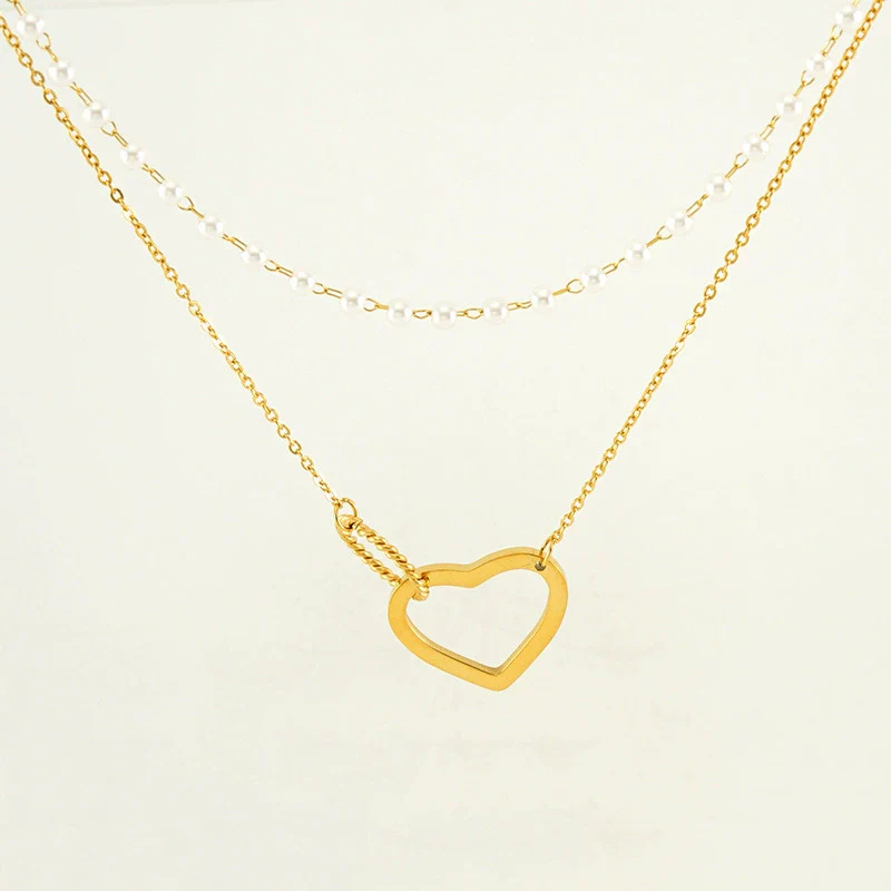 Wholesale Women's 316L Stainless Steel Double Pearl Necklace With Heart And Geometric Pattern Hollow Pendant And Electroplating Treatment - Image 5
