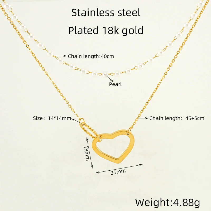 Wholesale Women's 316L Stainless Steel Double Pearl Necklace With Heart And Geometric Pattern Hollow Pendant And Electroplating Treatment - Image 7